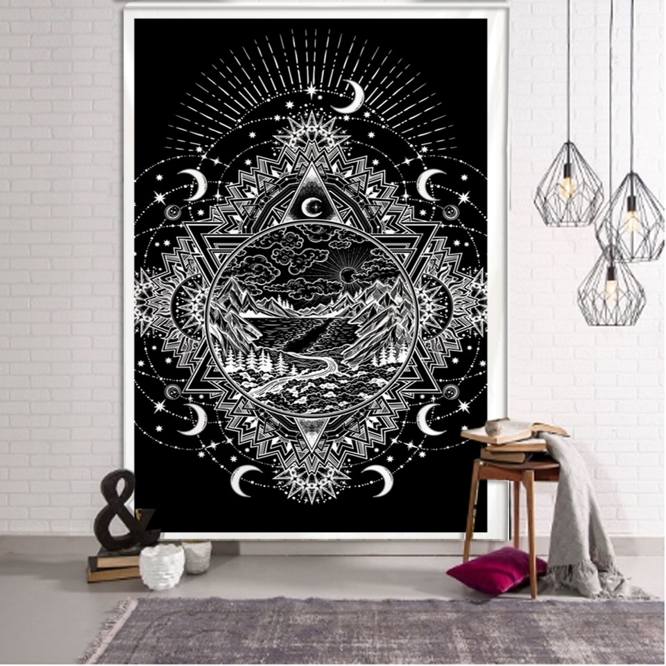 Tapisserie Murale Psychédélique Noir Et Blanc - Motif Ailes D'ange - Taille 150 X 100 Cm - 100% Polyester